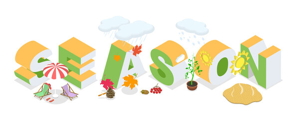 3D Isometric Flat  Illustration of Seasons Banner, Spring, Summer, Autumn, Winter