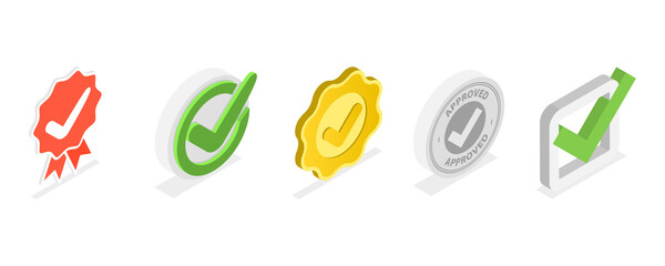 3D Isometric Flat  Set of Approved Checkmarks, Premium Quality Mark, Mission Accomplished