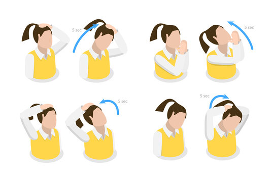 3D Isometric Flat  Illustration of Neck Stretches Instructions, Easy Office Workout