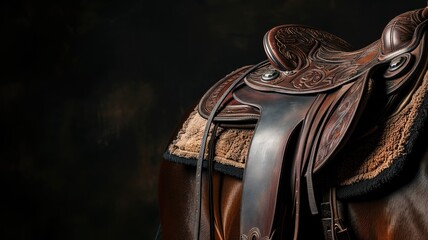 Ornate leather saddle on a horse with intricate tooling