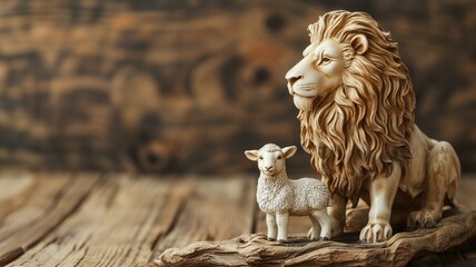 Statue of a lion next to a lamb on a wooden backdrop - obrazy, fototapety, plakaty