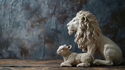Lion and lamb sculpture on a rustic wooden background