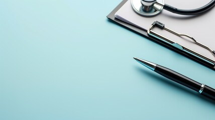 Medical clipboard and pen on a turquoise background