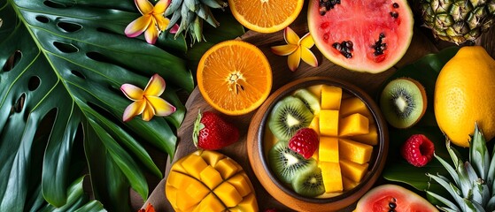 Tropical Delights: Top View of Fresh Fruits and Smoothie Bowl