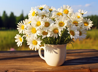 Vintage Sunshine: A Delicate Bouquet of White Daisy Flowers in a Rustic Wooden Vase, Basking in the Bright Yellow Sunlight