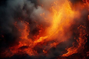 An immersive scene featuring intense flames intertwining with thick smoke, a mesmerizing interplay of fiery oranges and swirling grays.