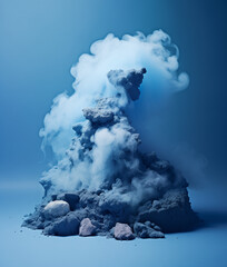 blue rocks with blue smoke on blue background.Minimal creative nature concept.Copy space.Generative AI