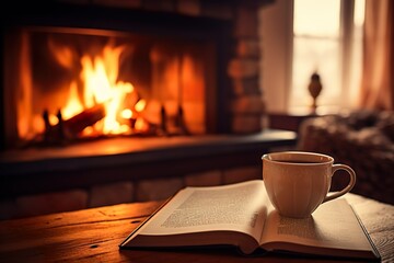 暖炉の前で読書と珈琲01