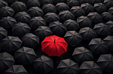 One red umbrella among a crowd of black ones. Creative embracing diversity minimal concept.Flat lay,top view,copy space.Generative AI