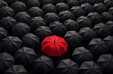 Fotobehang One red umbrella among a crowd of black ones. Creative embracing diversity minimal concept.Flat lay,top view,copy space.Generative AI © sunaiart