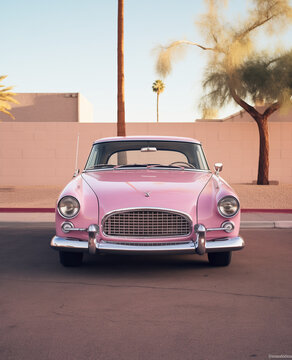  Pink old-timer on the street.Minimal  old fashion concept.Copy space.Generative AI