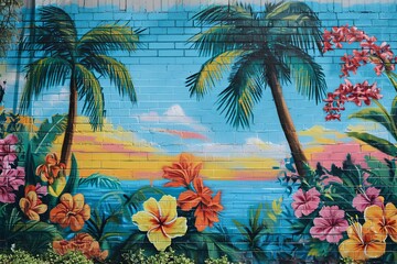 Fototapeta na wymiar Tropical Oasis: Colorful Graffiti Mural of a Lively Paradise