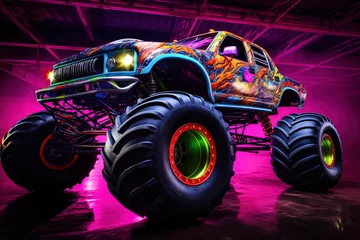 Fotobehang Monster truck illuminated by neon lights - excitement and thrill of an extreme sport and entertainment monster truck stunts racing show © Dmitry Rukhlenko