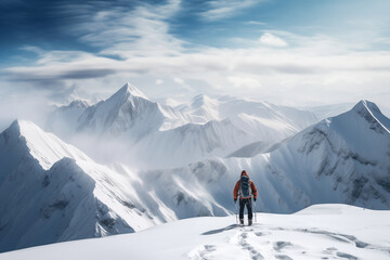 Naklejka na ściany i meble A mountaineer in mountains approaching a majestic snowy mountain peak amidst a snowfall and snow storm. Solitude and determination, adventure and challenge of climbing in extreme conditions
