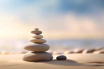 Fototapeta na wymiar Zen stones stack on sand waves in a minimalist setting for balance and harmony