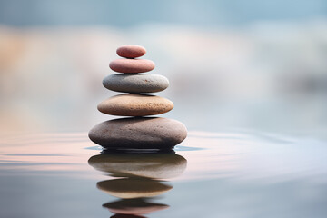 Zen stone stack on water with nature background for balance and harmony
