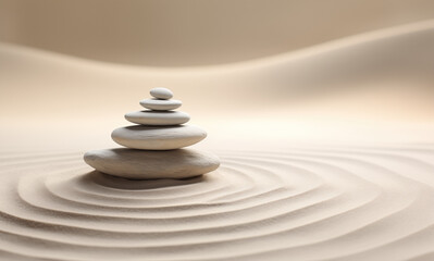 Fototapeta na wymiar Zen stones stack on raked sand in a minimalist setting for balance and harmony. Balance, harmony, and peace of mind, wellness, meditation, and spirituality concept