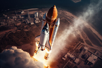Aerial view of a rocket shuttle carrier launch at sunrise over an ocean coast. The rocket is...