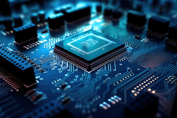 Close-up image of a blue circuit board with a central microchip processor CPU with various electronic components and connections. Technology, computer hardware, and manufacturing industries