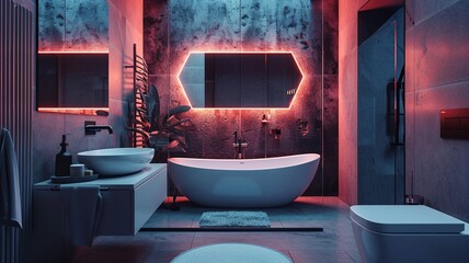 Sleek Futuristic Bathroom: Minimalist Design with Geometric Tile Backsplash and Neon Accents
