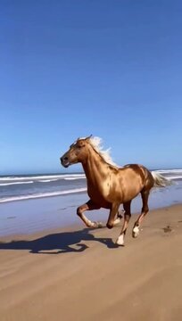 Brown horse racing on the beach. Young horse enjoying freedom moments