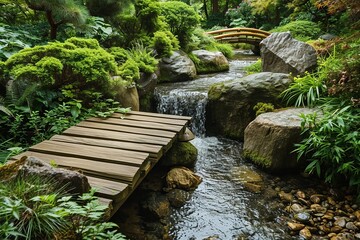 Obraz premium Tranquil Zen Garden: Serenity and Escape Amidst a Peaceful Rock Waterfall, Lush Greenery, and Wooden Bridge