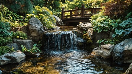 Fototapeta premium Tranquil Zen Garden: Serenity and Escape Amidst a Peaceful Rock Waterfall, Lush Greenery, and Wooden Bridge