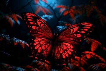 An up-close portrayal of the intricate 3D motifs and rich colors adorning a butterfly wing, set against a midnight black backdrop with a brilliant scarlet tree.