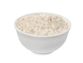 Tasty boiled oatmeal in bowl isolated on white