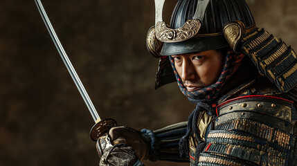 Portrait of a samurai in armor in attack position, close up Japanese warrior portrait isolated on black background with copy space.