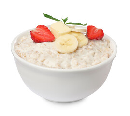 Tasty boiled oatmeal with banana and strawberry in bowl isolated on white