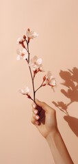 Female hand holding a branch of Chinese plum tree with blooming flowers on beige background, minimal elegant spring background with copy space, still life lifestyle concept.