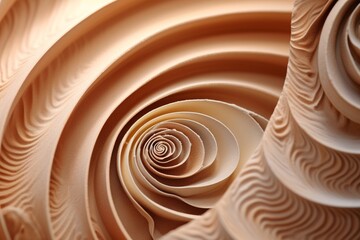 An up-close portrayal of the fine, textured spirals of a seashell, displaying a range of earthy tones against a soft taupe backdrop.