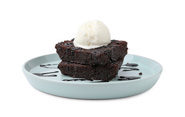 Tasty brownies with ice cream and chocolate sauce isolated on white