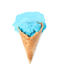 Melting ice cream in wafer cone isolated on white, top view