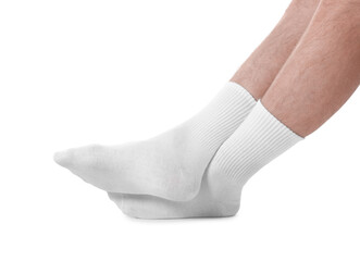 Man in stylish socks on white background, closeup