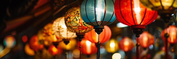 Chinese red lantern in the night of Chinese New Year of happiness, panorama colorful spring festival backgrounds with copy space. - obrazy, fototapety, plakaty