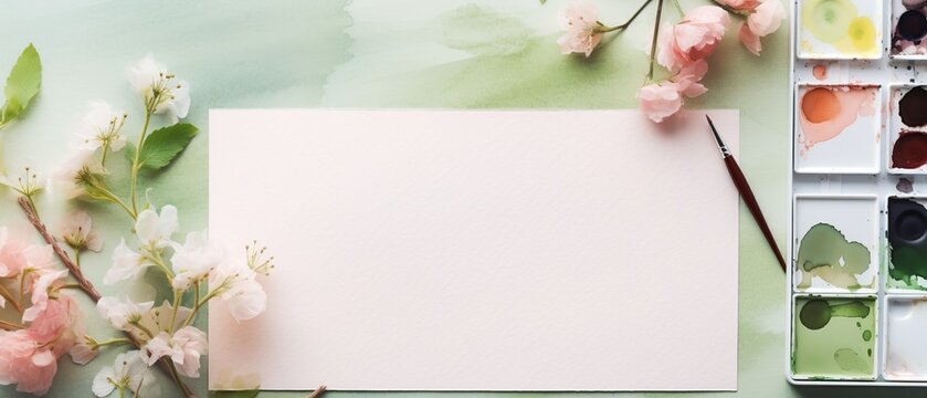 Spring Art Inspiration: Top View of Watercolor Paints and Sketchbook