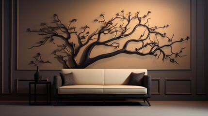 A picturesque view of intricate branch patterns against a solid wall, creating a mesmerizing backdrop for a room furnished with a cozy sofa.
