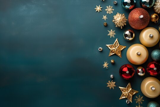 Festive Christmas Delight: Top View of Ornamented Decorations, Holly, and Candles
