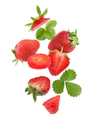 Fresh ripe strawberries and green leaves falling on white background