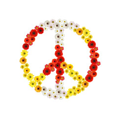 Hippie peace symbol of beautiful flowers on white background