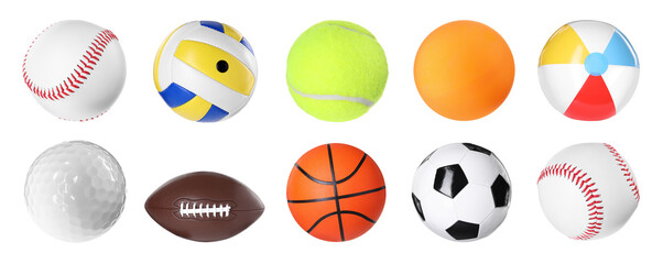 Different balls for various sports isolated on white, collection