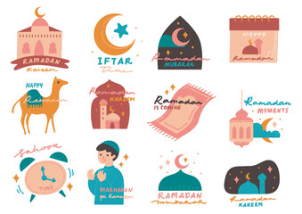 Set ramadan sticker in flat style doodle illustration, eid al fitr greeting card design elements  - 701532398