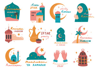 Set ramadan sticker in flat style doodle illustration, eid al fitr greeting card design elements  - obrazy, fototapety, plakaty