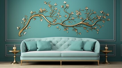 An exquisite display of branch and leaf patterns on a solid-colored wall, adding a touch of nature's elegance to a room featuring a plush sofa. - obrazy, fototapety, plakaty