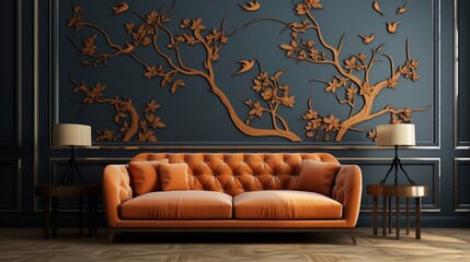 An HD image showcasing the intricate elegance of branch and leaf patterns on a solid wall, complementing the coziness of a room adorned with a stylish sofa.