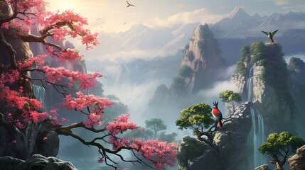 the atmosphere of a rushing waterfall in the mountains with beautiful cherry blossoms - obrazy, fototapety, plakaty