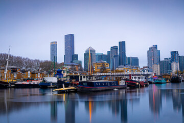 View of skyscrapers in London city as seen from Surrey docks, England