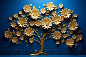 Elaborate 3D intricate daisies in golden tones on a royal blue canvas with a striking lime-green tree.